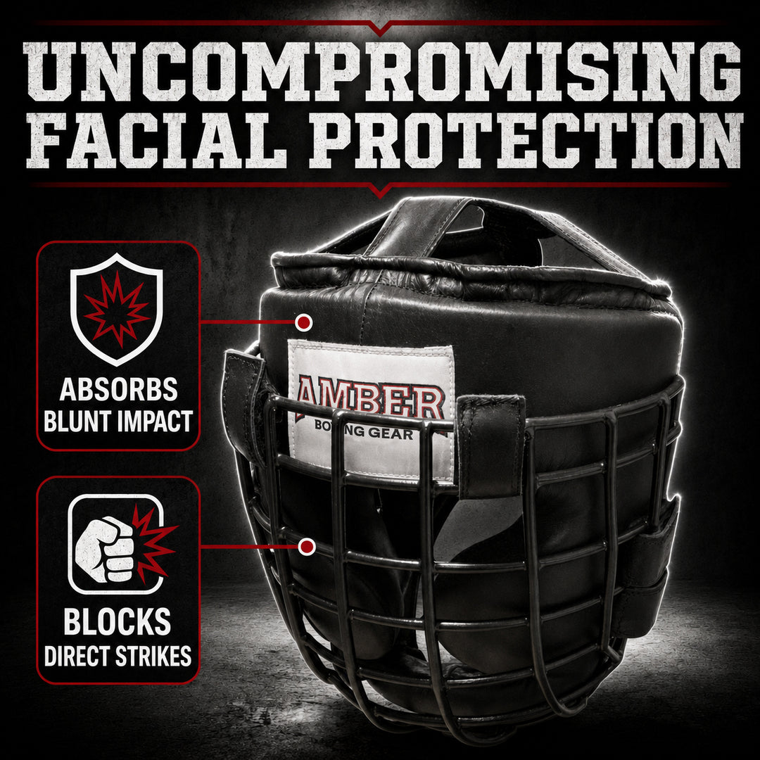 Heavy Leather Headgear with Removable Face Mask, Adjustable Hook &amp; Loop Closure - Ideal for Boxing, Kickboxing, MMA Training