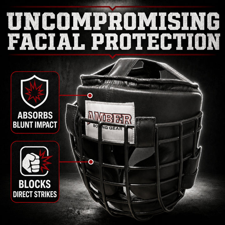 Heavy Leather Headgear with Removable Face Mask, Adjustable Hook &amp; Loop Closure - Ideal for Boxing, Kickboxing, MMA Training