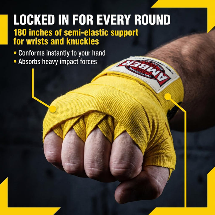 Amber Fight Gear Semi Elastic Professional Hand Wraps with Hook and Loop Closure for Boxing Kickboxing Muay Thai MMA for Men and Women