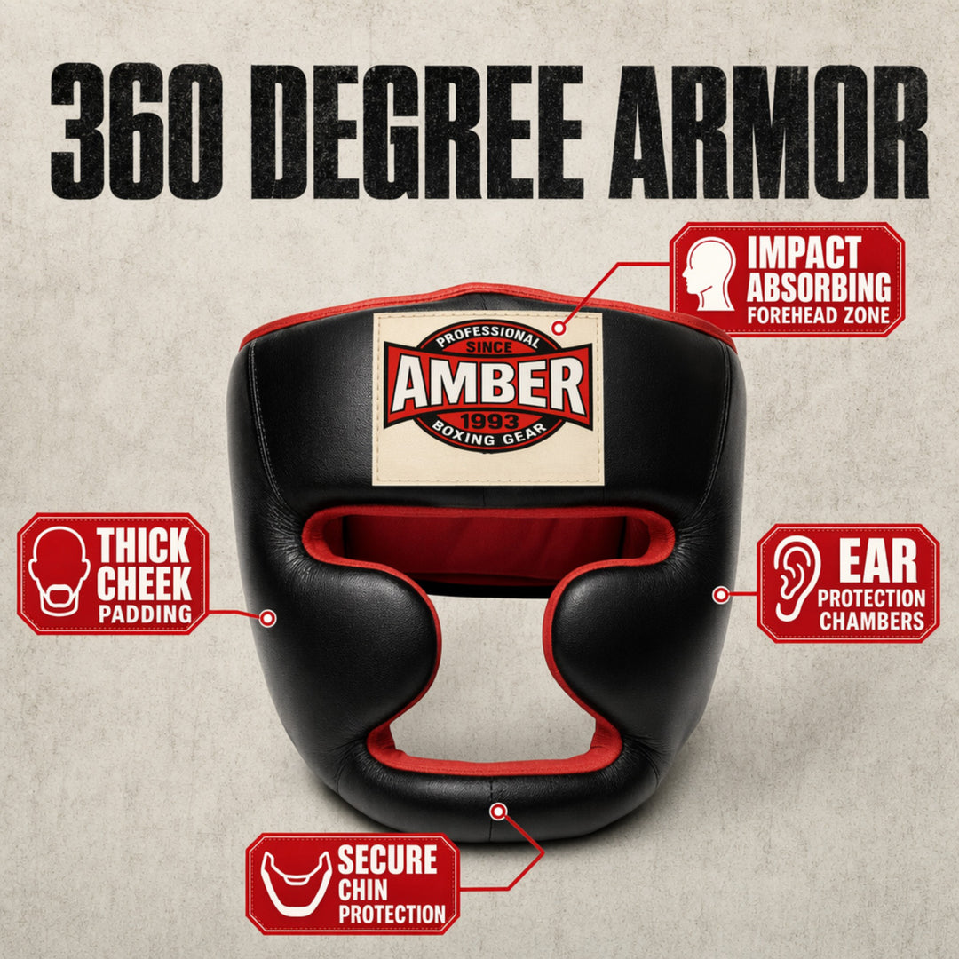 Deluxe All Leather Headgear with Cheek Protection for Boxing, Kickboxing, and MMA
