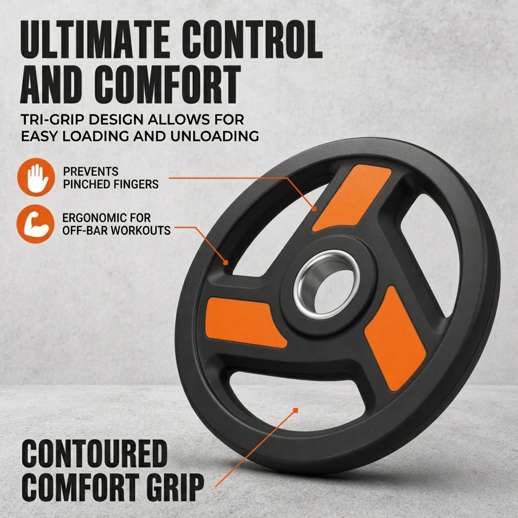 Tri-Grip Olympic Weight Plates Pairs, Rubber Coated Cast Iron Plates for Home Gym &amp; Fitness Workouts, 2-Inch Center Hole, Secure Grip, Durable &amp; Floor-Protective