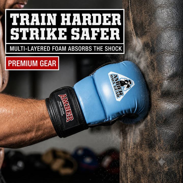 MMA Safety Training Gloves, Premium Leather, Shock Absorbing Foam, Adjustable Closure, Durable &amp; Comfortable for Sparring, Bag Work &amp; MMA Workouts, Blue, Small