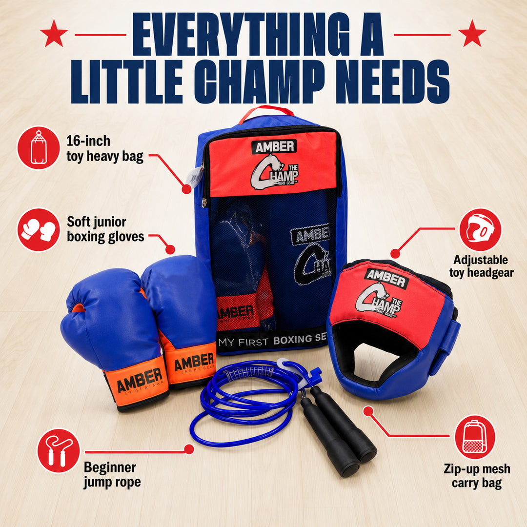 Mini Boxing Toy Set Junior For 3 to 7yr olds Set Includes - 16inch Toy Heavy bag, Junior Gloves, Toy Headgear and Jump Rope in a Handy Storage Bag. Great Gift Idea