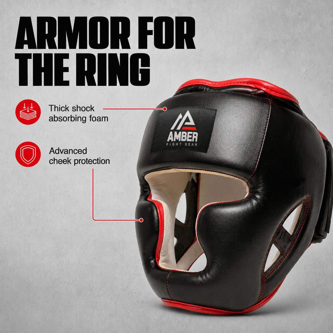 Amber Fight Gear Professional Leather Boxing Headgear for Training Sparring Kickboxing, MMA, Muay Thai Headgear
