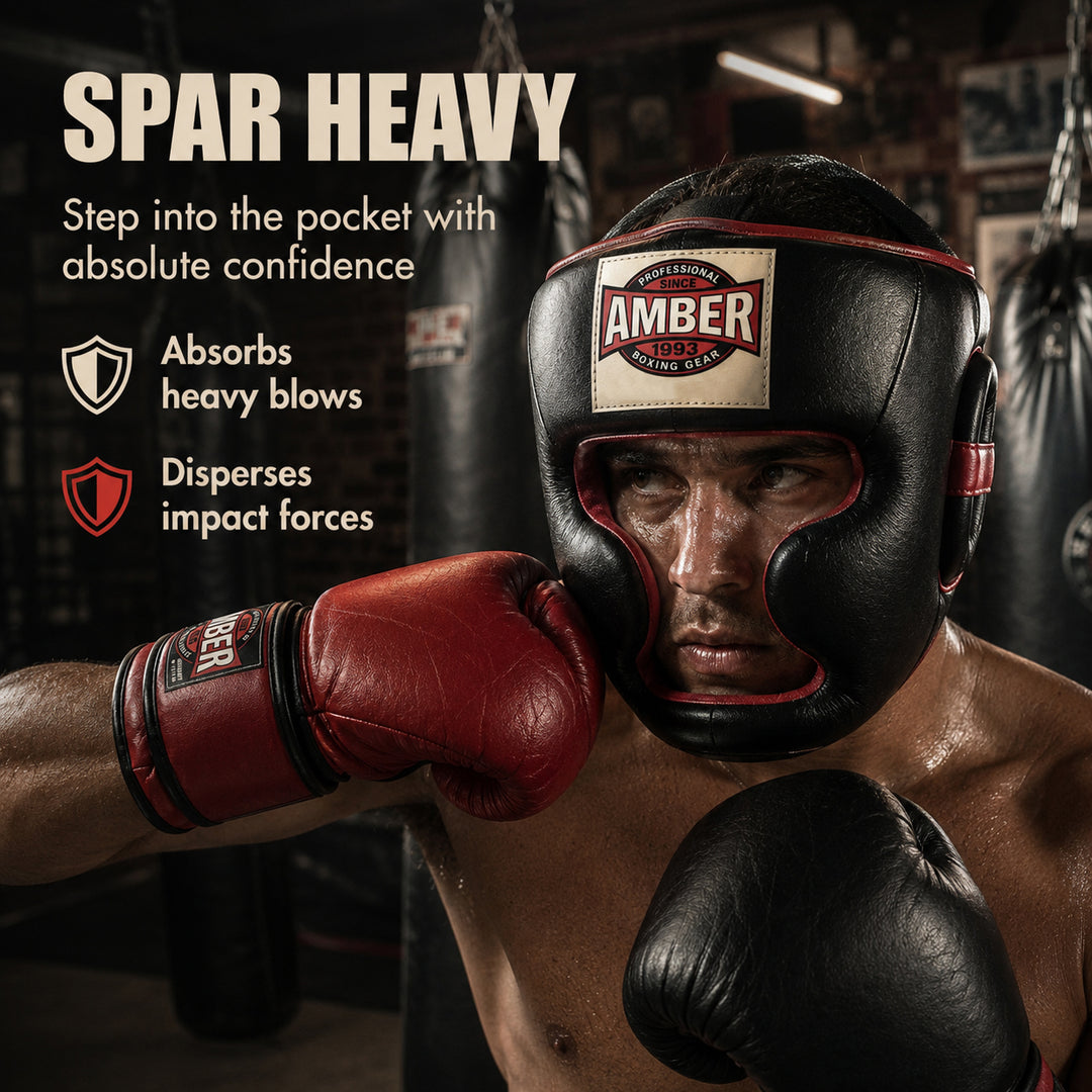 Deluxe All Leather Headgear with Cheek Protection for Boxing, Kickboxing, and MMA