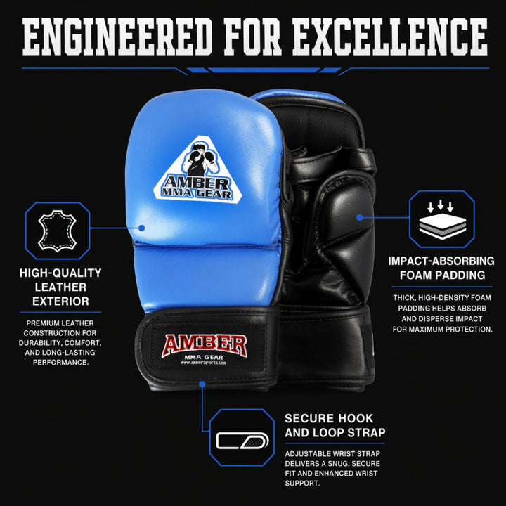 MMA Safety Training Gloves, Premium Leather, Shock Absorbing Foam, Adjustable Closure, Durable &amp; Comfortable for Sparring, Bag Work &amp; MMA Workouts, Blue, Small
