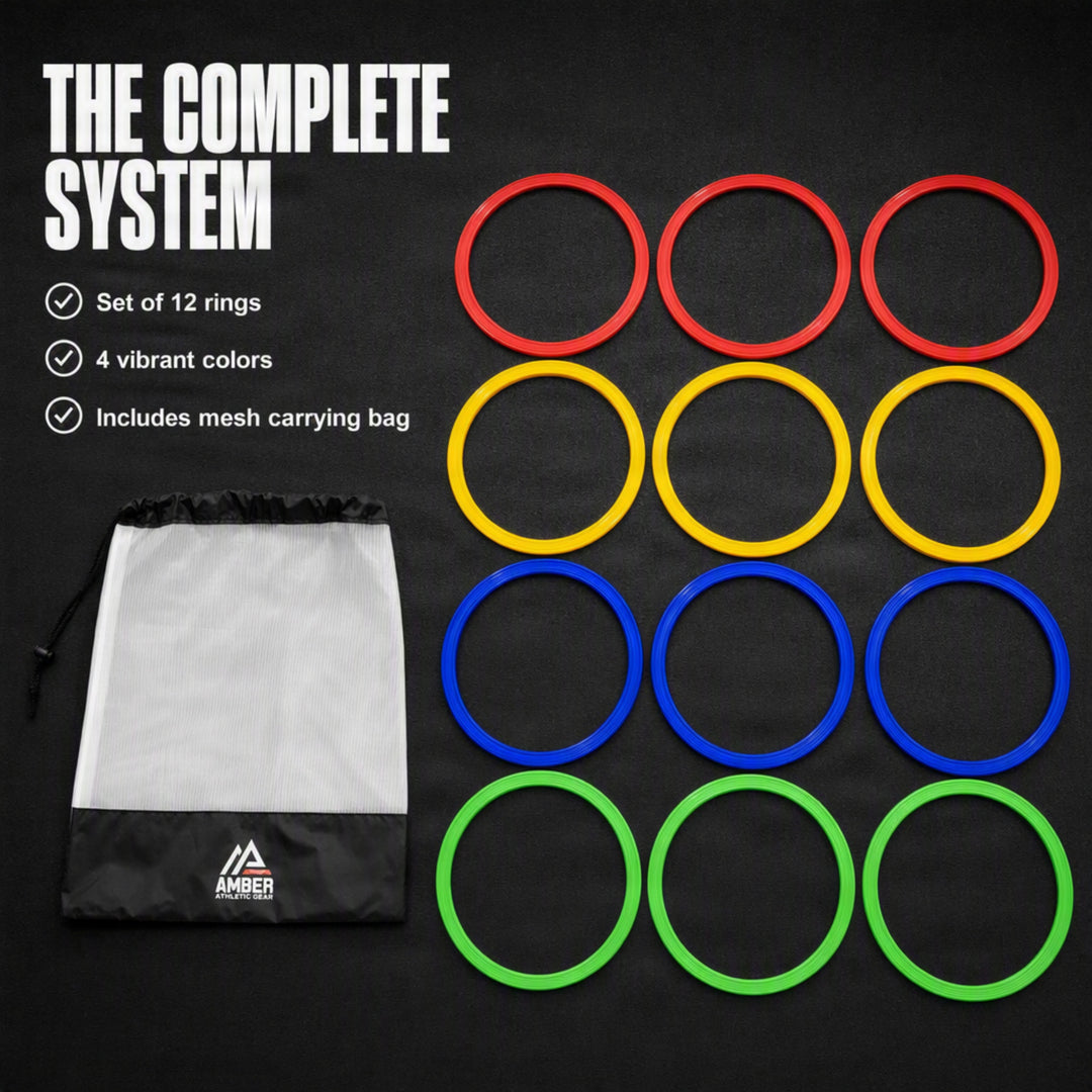 Speed Agility Circles for Trainers, Gyms, Athletics, 4 Assorted Colors, Red, Yellow, Blue, and Green (Set of 12) 18 inch