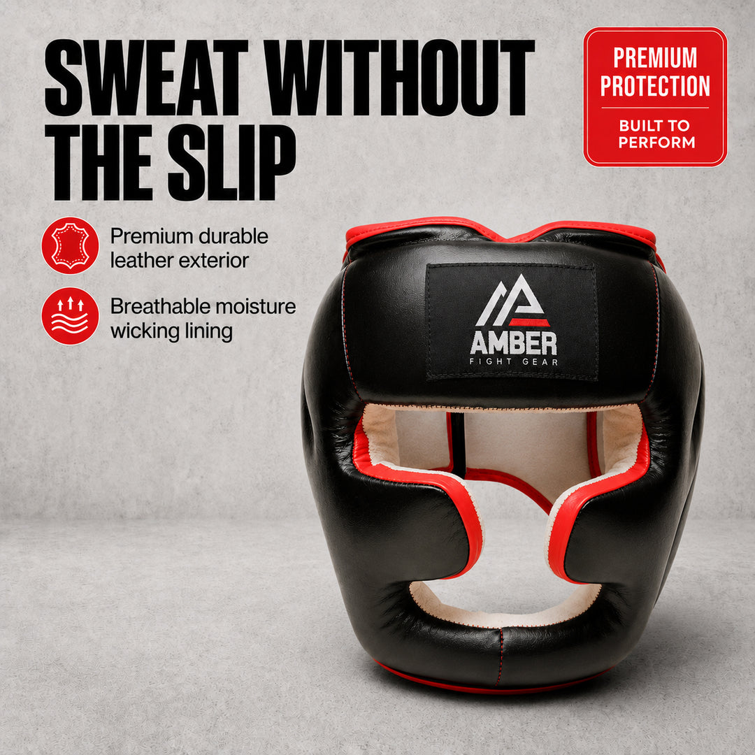 Professional Leather Boxing Headgear for Training, Sparring, Kickboxing, MMA, Muay Thai ? Thick Padding with Cheek Protection, Adjustable Fit, Large