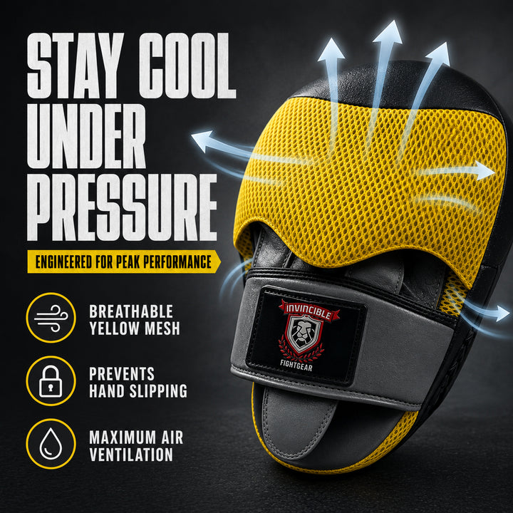 Invincible Fight Gear Pro Boxing Punching Mitts | Leather Focus Pads for MMA, Karate, Muay Thai &amp; Martial Arts | Curved Target Striking Mittens for Training &amp; Coaching, Ambidextrous | Black/Yellow