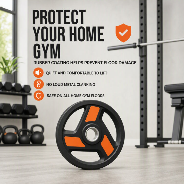 Tri-Grip Olympic Weight Plates Pairs, Rubber Coated Cast Iron Plates for Home Gym &amp; Fitness Workouts, 2-Inch Center Hole, Secure Grip, Durable &amp; Floor-Protective