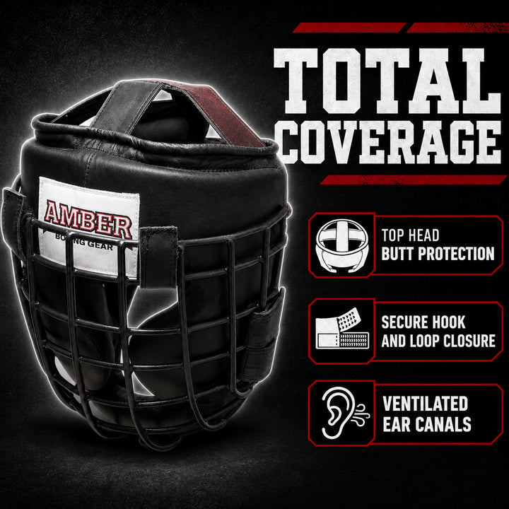 Heavy Leather Headgear with Removable Face Mask, Adjustable Hook &amp; Loop Closure - Ideal for Boxing, Kickboxing, MMA Training
