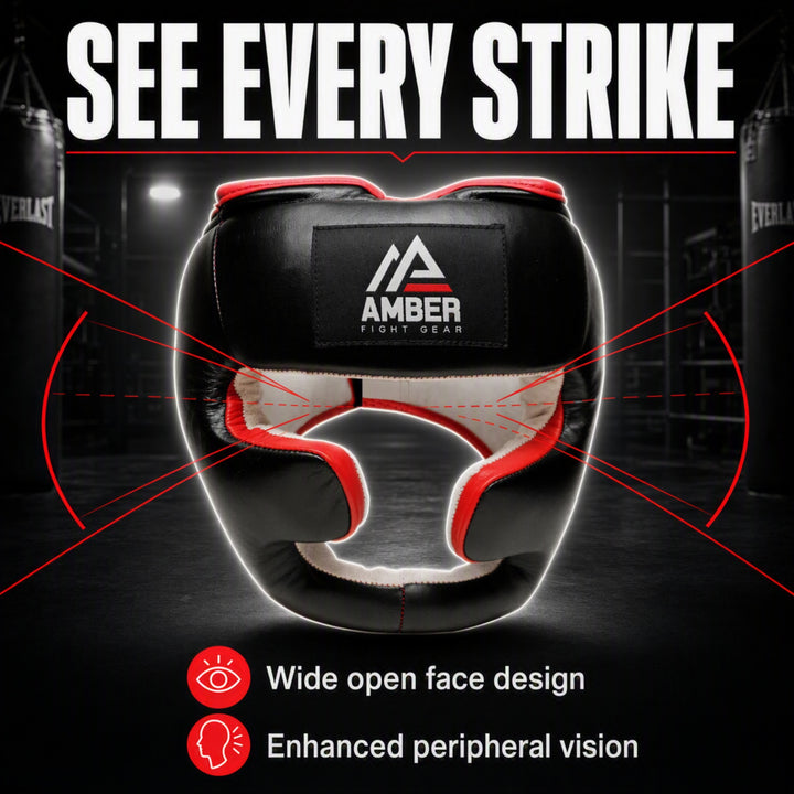 Amber Fight Gear Professional Leather Boxing Headgear for Training Sparring Kickboxing, MMA, Muay Thai Headgear