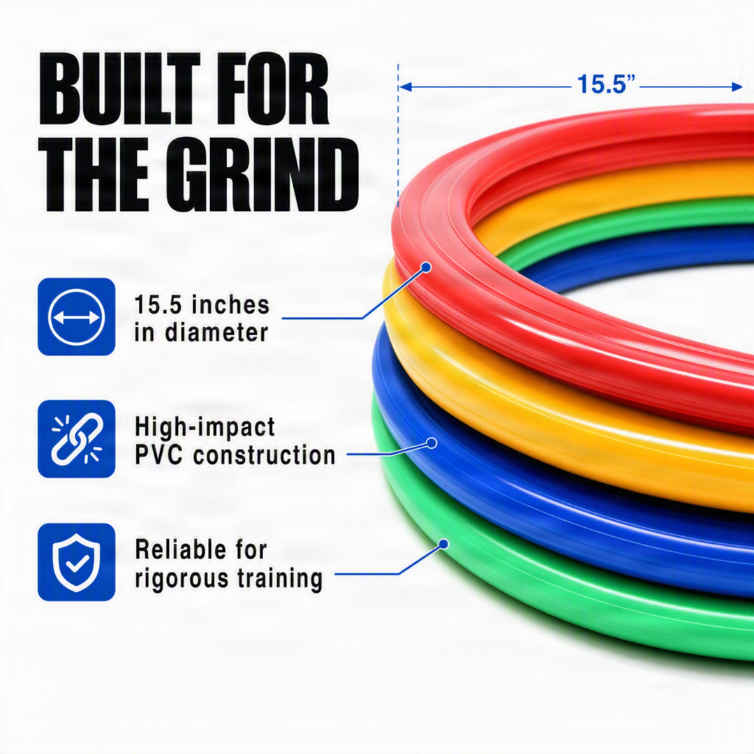 Speed Agility Circles for Trainers, Gyms, Athletics, 4 Assorted Colors, Red, Yellow, Blue, and Green (Set of 12) 18 inch