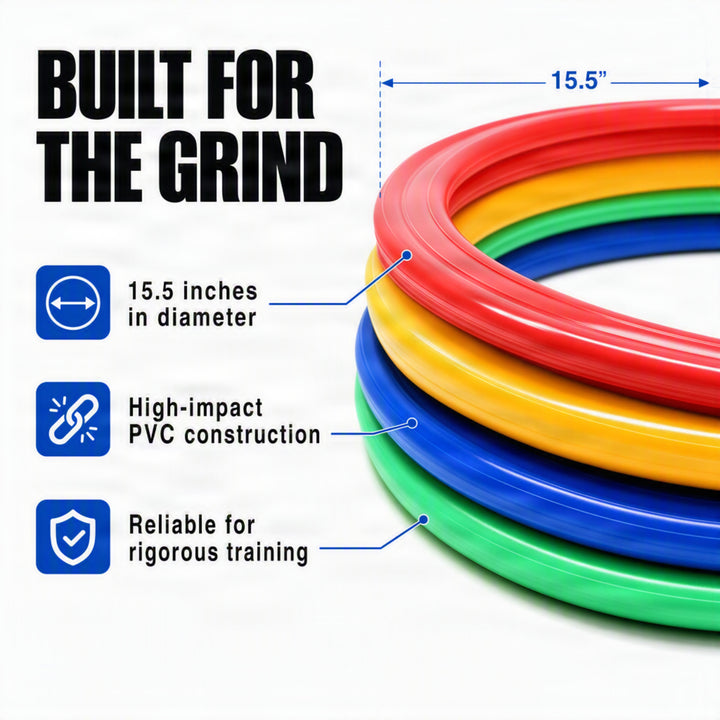 Speed Agility Circles for Trainers, Gyms, Athletics, 4 Assorted Colors, Red, Yellow, Blue, and Green (Set of 12) 18 inch