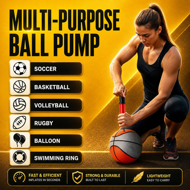 Ultimate Sports Ball Pump Kit - Dual-Action 10 Inch Pump with Hose Extension and Needle for Fast Inflation of Basketball, Volleyball, Soccer, Football, and More