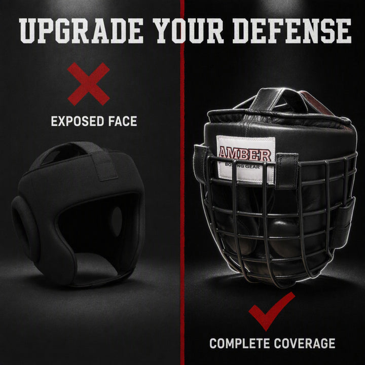 Heavy Leather Headgear with Removable Face Mask, Adjustable Hook &amp; Loop Closure - Ideal for Boxing, Kickboxing, MMA Training