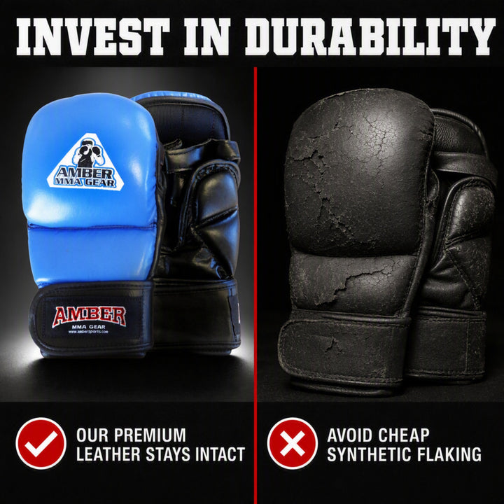 MMA Safety Training Gloves, Premium Leather, Shock Absorbing Foam, Adjustable Closure, Durable &amp; Comfortable for Sparring, Bag Work &amp; MMA Workouts, Blue, Small