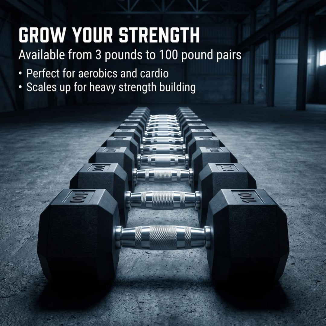 Barbell Rubber encased Hex Dumbbell Weights with Metal Handles for Strength Training, Full Body Workout. Sold as a Pairs