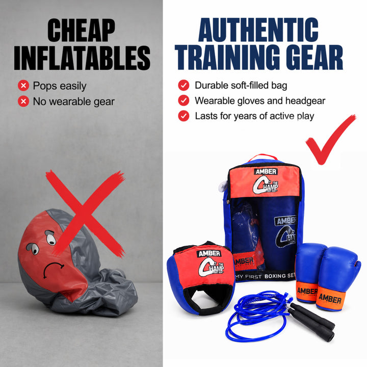 Mini Boxing Toy Set Junior For 3 to 7yr olds Set Includes - 16inch Toy Heavy bag, Junior Gloves, Toy Headgear and Jump Rope in a Handy Storage Bag. Great Gift Idea
