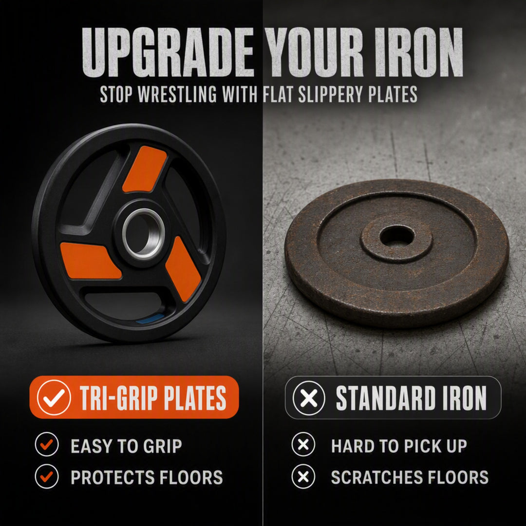 Tri-Grip Olympic Weight Plates Pairs, Rubber Coated Cast Iron Plates for Home Gym &amp; Fitness Workouts, 2-Inch Center Hole, Secure Grip, Durable &amp; Floor-Protective