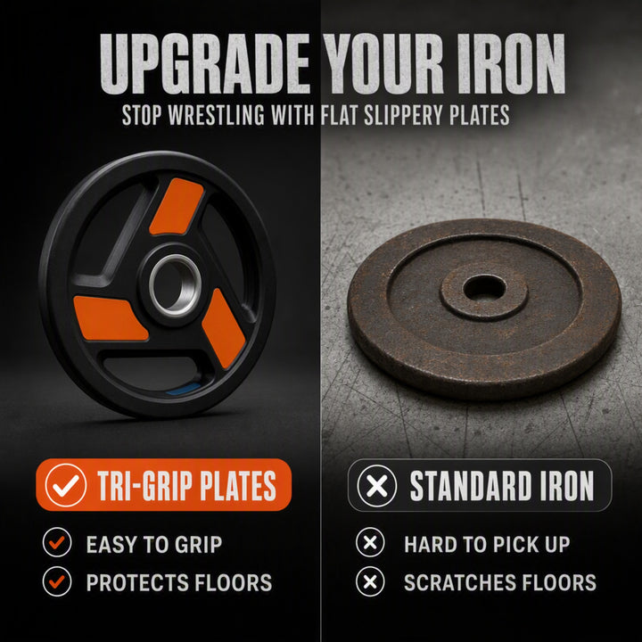 Tri-Grip Olympic Weight Plates Pairs, Rubber Coated Cast Iron Plates for Home Gym &amp; Fitness Workouts, 2-Inch Center Hole, Secure Grip, Durable &amp; Floor-Protective