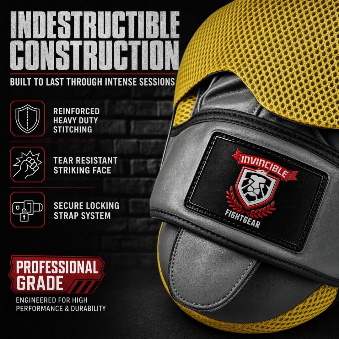 Invincible Fight Gear Pro Boxing Punching Mitts | Leather Focus Pads for MMA, Karate, Muay Thai &amp; Martial Arts | Curved Target Striking Mittens for Training &amp; Coaching, Ambidextrous | Black/Yellow
