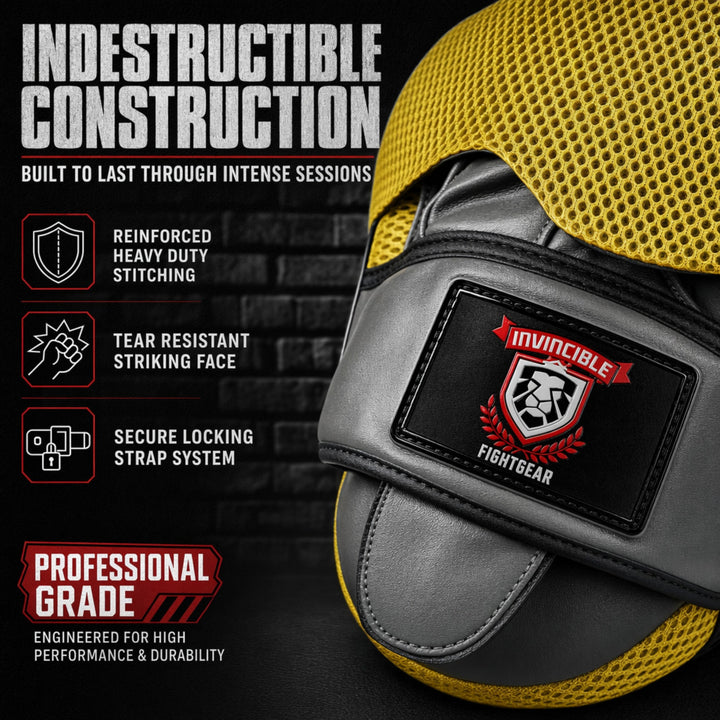 Invincible Fight Gear Pro Boxing Punching Mitts | Leather Focus Pads for MMA, Karate, Muay Thai &amp; Martial Arts | Curved Target Striking Mittens for Training &amp; Coaching, Ambidextrous | Black/Yellow