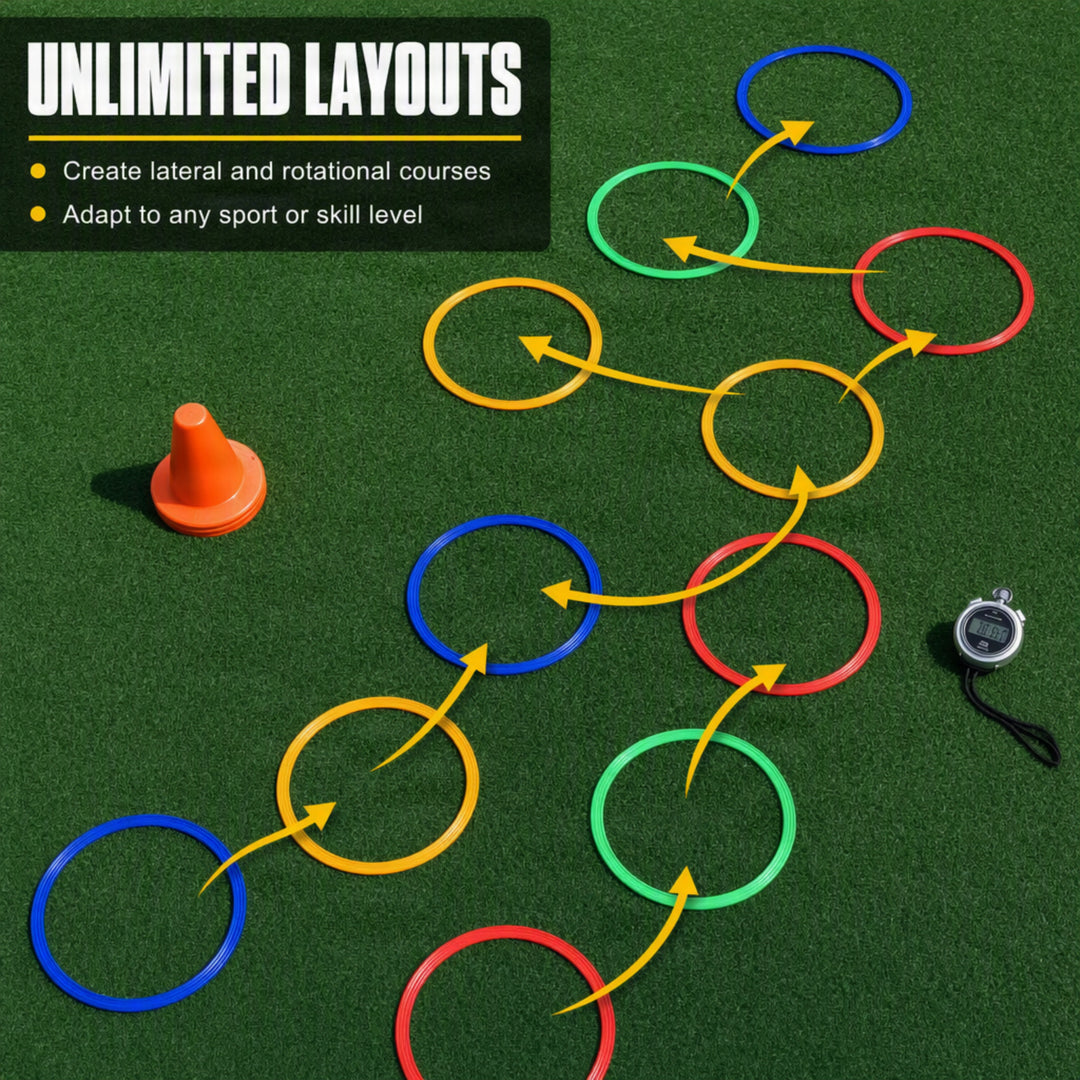 Speed Agility Circles for Trainers, Gyms, Athletics, 4 Assorted Colors, Red, Yellow, Blue, and Green (Set of 12) 18 inch