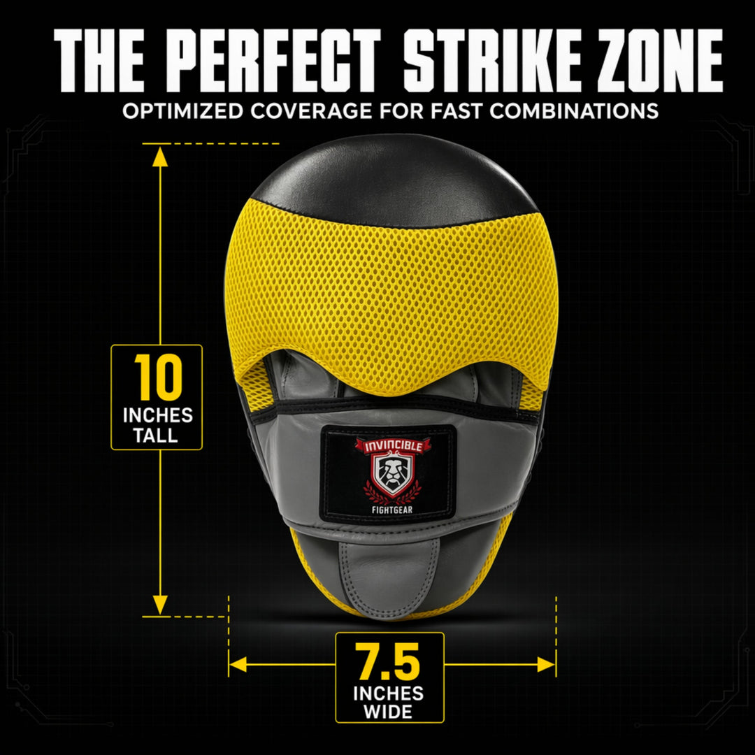 Invincible Fight Gear Pro Boxing Punching Mitts | Leather Focus Pads for MMA, Karate, Muay Thai &amp; Martial Arts | Curved Target Striking Mittens for Training &amp; Coaching, Ambidextrous | Black/Yellow