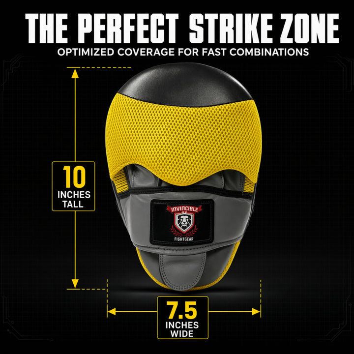 Invincible Fight Gear Pro Boxing Punching Mitts | Leather Focus Pads for MMA, Karate, Muay Thai &amp; Martial Arts | Curved Target Striking Mittens for Training &amp; Coaching, Ambidextrous | Black/Yellow