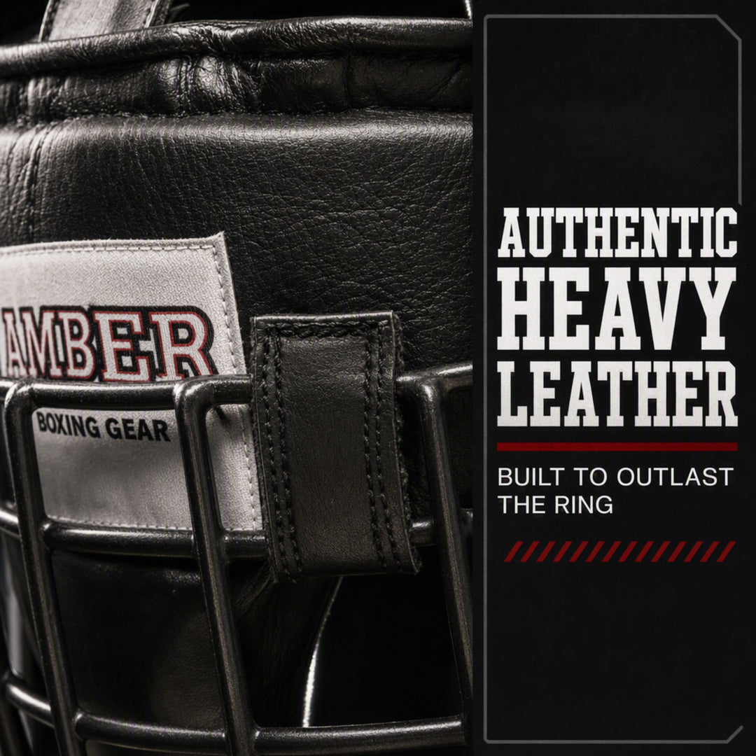 Heavy Leather Headgear with Removable Face Mask, Adjustable Hook &amp; Loop Closure - Ideal for Boxing, Kickboxing, MMA Training