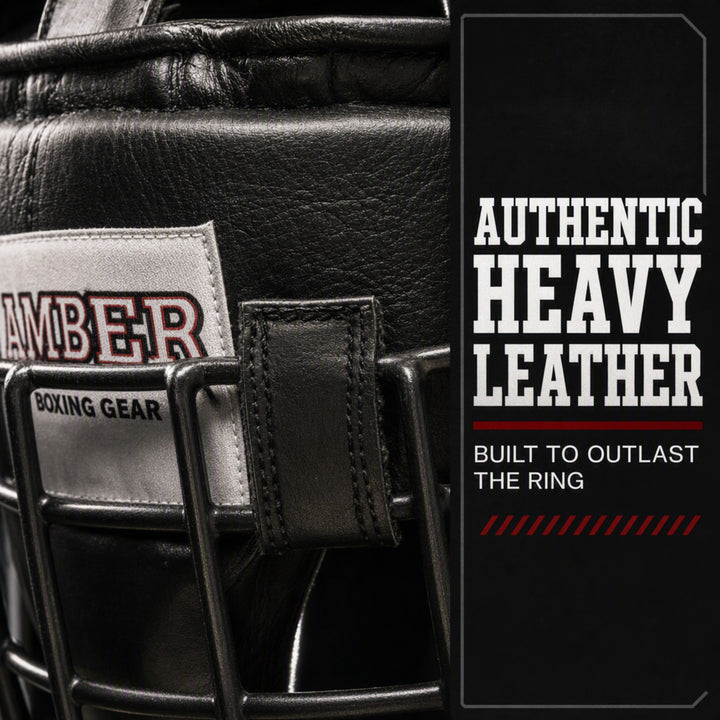 Heavy Leather Headgear with Removable Face Mask, Adjustable Hook &amp; Loop Closure - Ideal for Boxing, Kickboxing, MMA Training