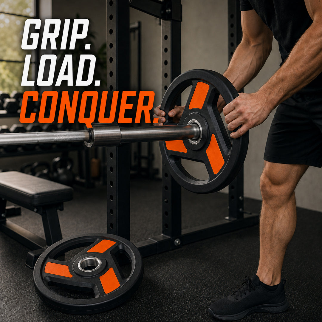Tri-Grip Olympic Weight Plates Pairs, Rubber Coated Cast Iron Plates for Home Gym &amp; Fitness Workouts, 2-Inch Center Hole, Secure Grip, Durable &amp; Floor-Protective
