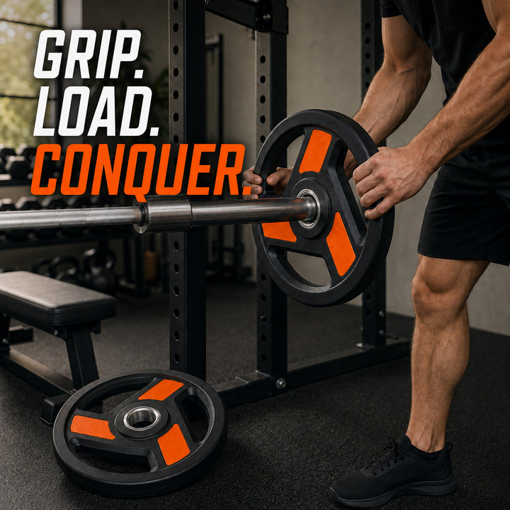 Tri-Grip Olympic Weight Plates Pairs, Rubber Coated Cast Iron Plates for Home Gym &amp; Fitness Workouts, 2-Inch Center Hole, Secure Grip, Durable &amp; Floor-Protective