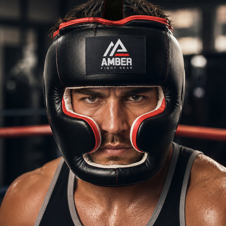 Amber Fight Gear Professional Leather Boxing Headgear for Training Sparring Kickboxing, MMA, Muay Thai Headgear