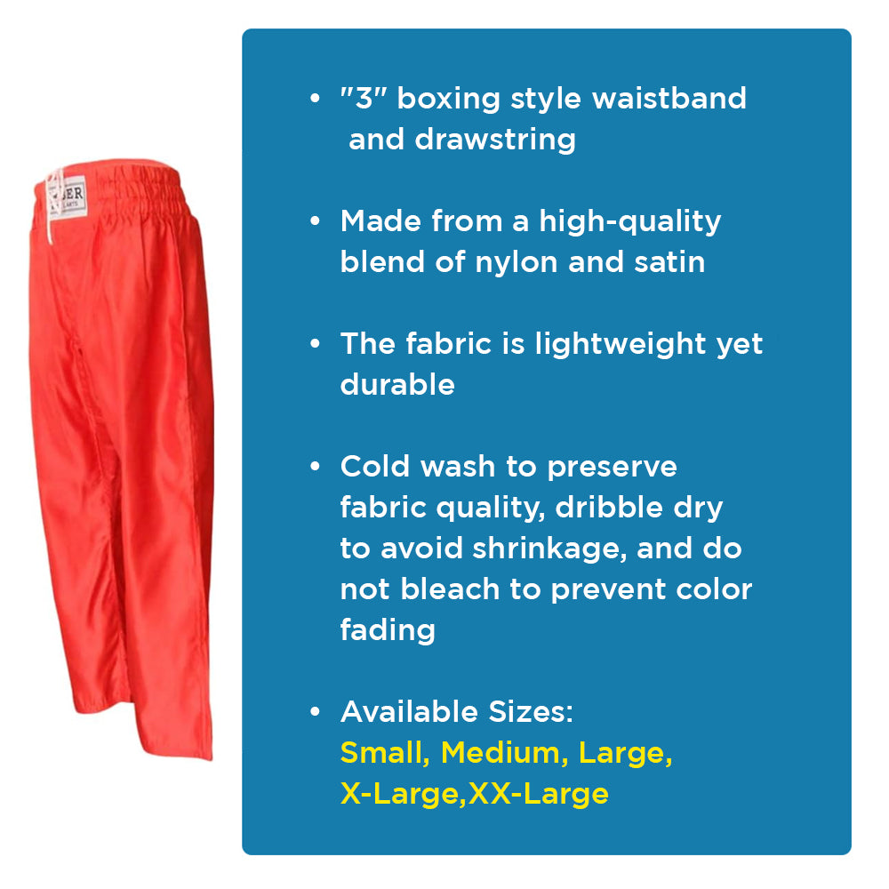 Nylon/Satin Kickboxing Pants Featuring 3" Boxing Style Waistband and Drawstring, and Durability, Red, Medium