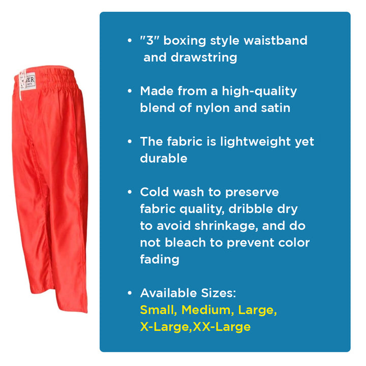 Nylon/Satin Kickboxing Pants Featuring 3" Boxing Style Waistband and Drawstring, and Durability, Red, Medium