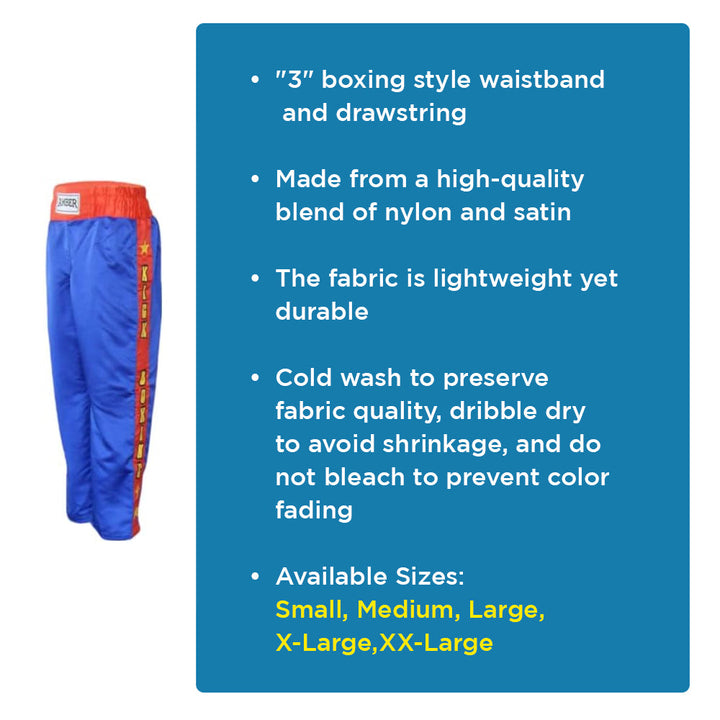 Amber Fight Gear Nylon/Satin Kickboxing Pants Featuring 3" Boxing Style Waistband and Drawstring, and Durability, Blue/Red/Yellow, Medium