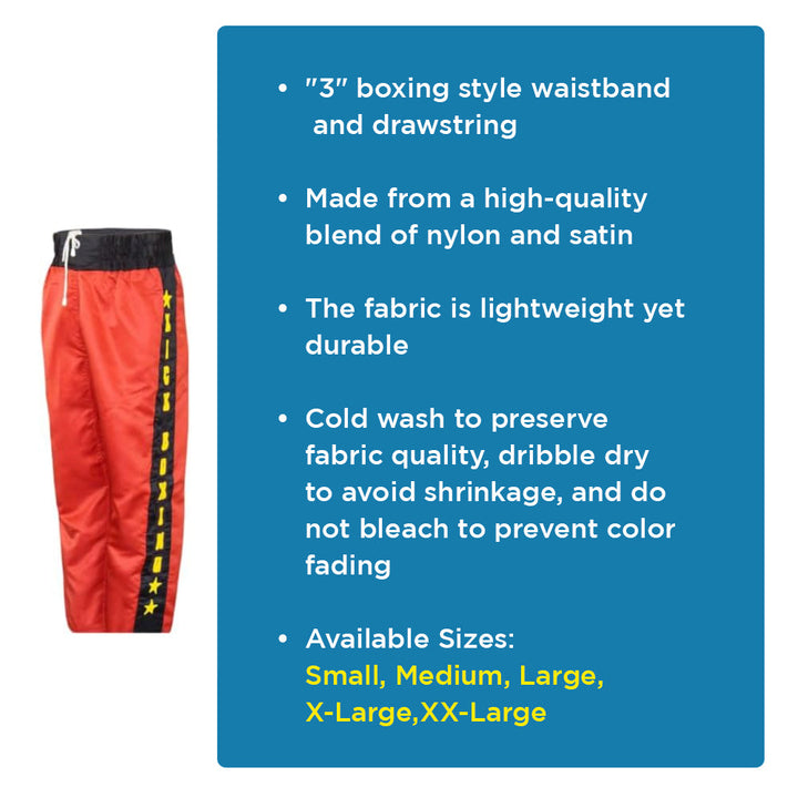 Amber Fight Gear Nylon/Satin Kickboxing Pants Featuring 3" Boxing Style Waistband and Drawstring, and Durability, Red/Black/Yellow, Medium