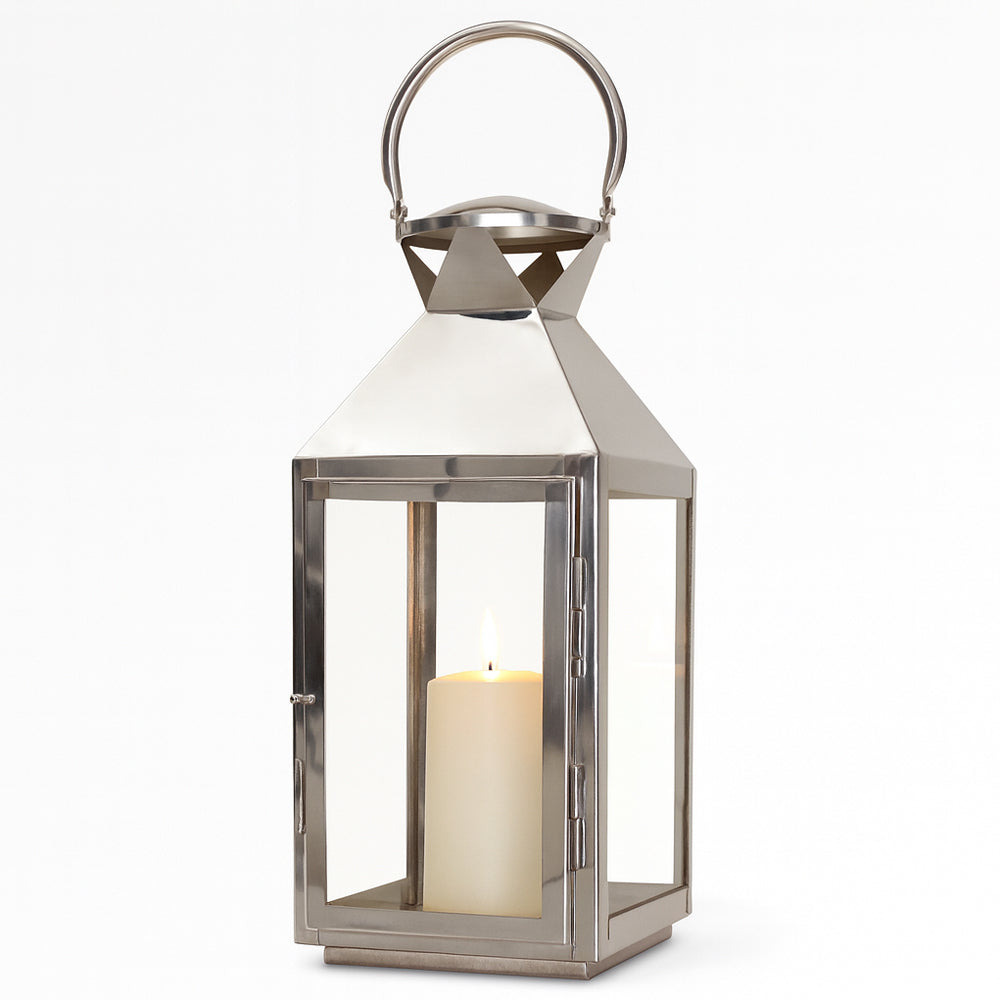 Vintage Style Polished Silver Tone Hanging Candle Lantern with Tempered Glass - 15" High for Indoor/Outdoor Events, Parties, and Weddings