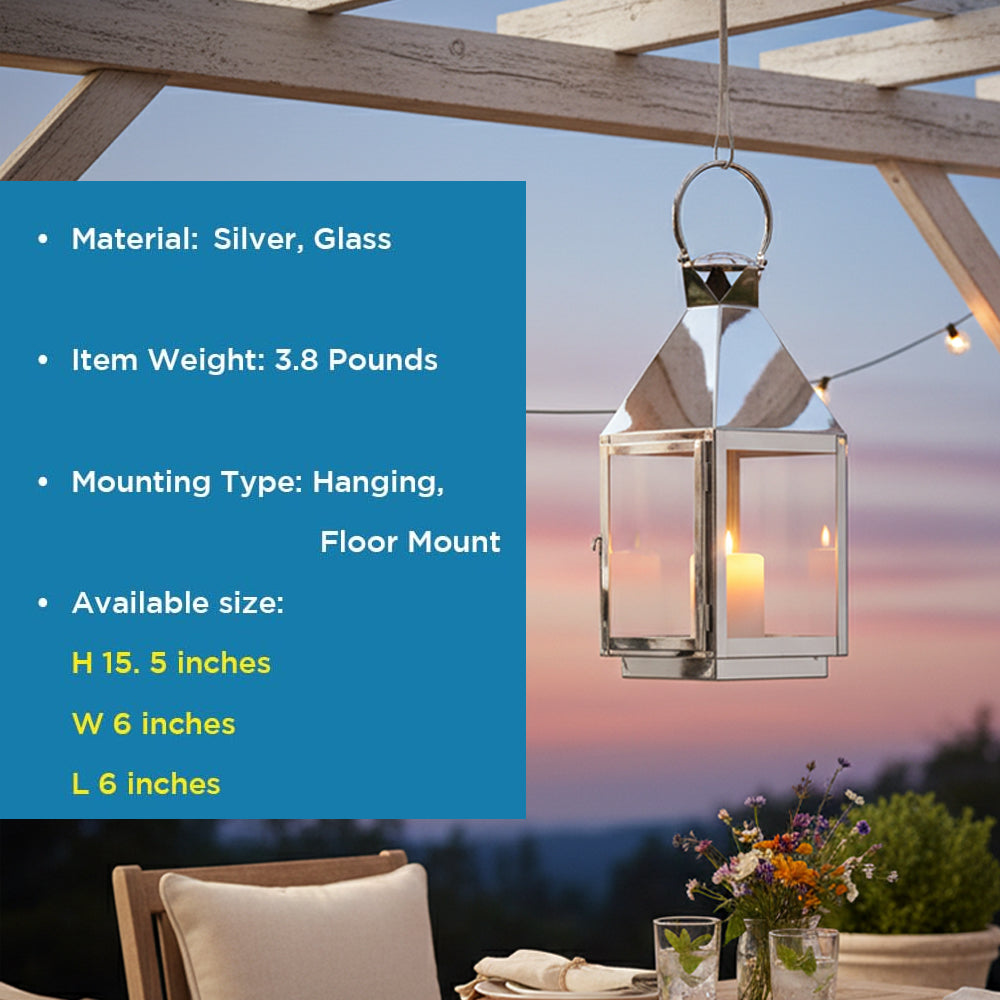Vintage Style Polished Silver Tone Hanging Candle Lantern with Tempered Glass - 15" High for Indoor/Outdoor Events, Parties, and Weddings