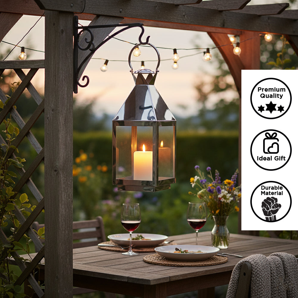 Vintage Style Polished Silver Tone Hanging Candle Lantern with Tempered Glass - 15" High for Indoor/Outdoor Events, Parties, and Weddings