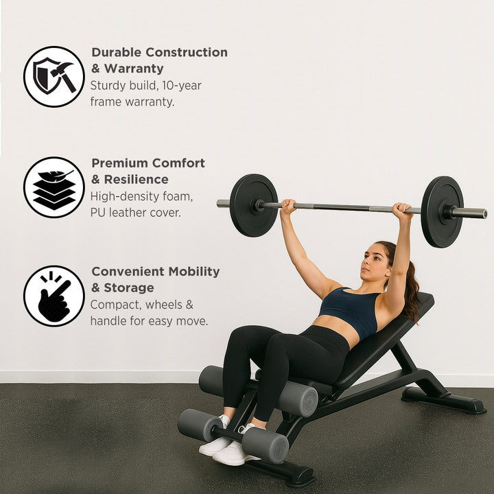 Premium Adjustable Decline Bench, Durable Construction, Comfort, Hygiene, Stability, and Mobility for Effective Workouts