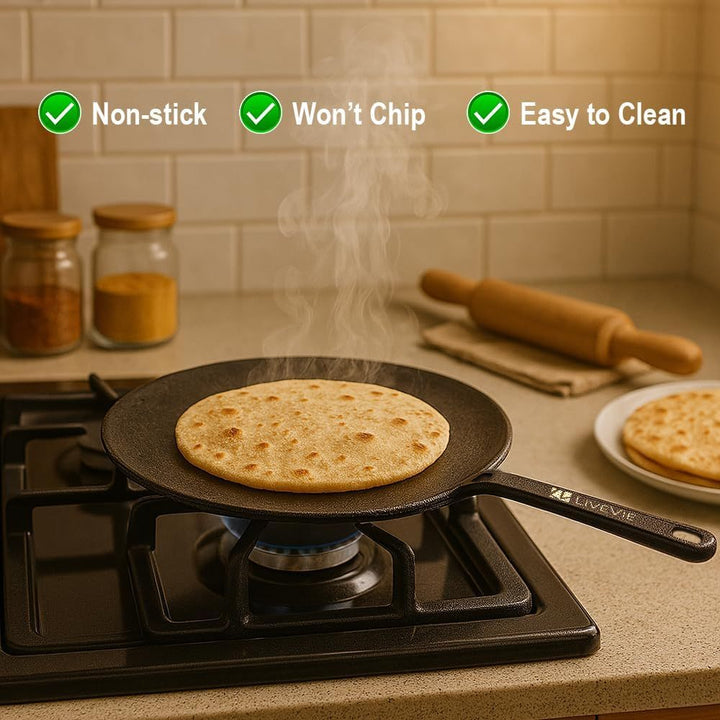 LIVEVIE Cast Iron Skillet (Tawa), Pre-Seasoned Griddle Concave Pan with 5.5-Inch Handle, Cast Iron Pan for Pancakes, Quesadillas, Grilled Sandwiches &amp; More, 10-Inch