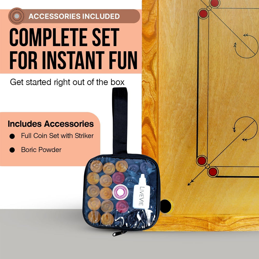 Carrom Board with Coins, Striker &amp; Bori Powder ? Smooth Surface, Professional Quality, Mango Wood Frame, Sealed Pockets, Water-Resistant Matte Finish, 32x32 Inch
