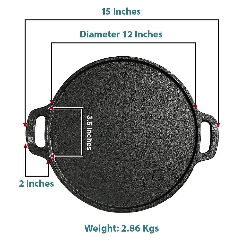 Cast Iron Tawa 12 Inch with Double Handle Pre-Seasoned Flat Tawa for Roti Paratha Pancake Crepes Durable Cookware for Gas ElectricCooktops