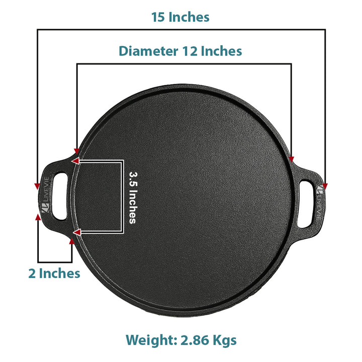 Cast Iron Tawa 12 Inch with Double Handle Pre-Seasoned Flat Tawa for Roti Paratha Pancake Crepes Durable Cookware for Gas ElectricCooktops