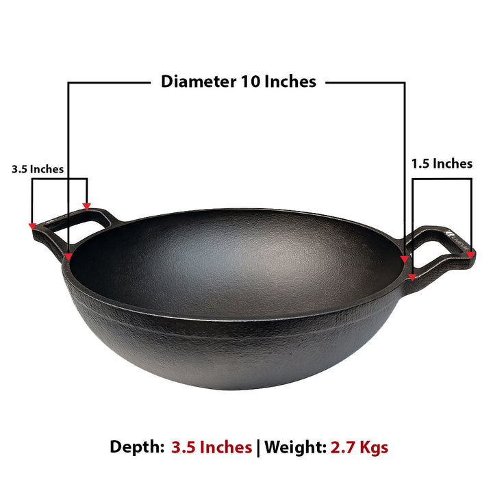Cast Iron Deep Kadai Wok with Dual Handles, Heavy-Duty Cooking Pot for Deep Frying, Stir-Frying, Curries ? Gas, Grill &amp; Open Flame Compatible