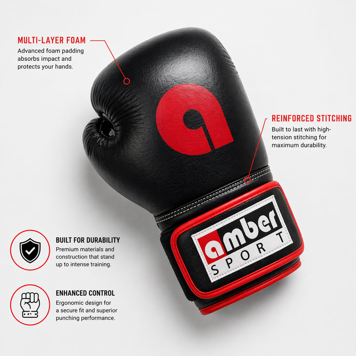 Amber Fight Gear Professional Leather Boxing Gloves | Multi-Layer Foam Training Gloves for Muay Thai, Kickboxing &amp; Sparring | Men &amp; Women Punching Gear | Ambidextrous Sizes (8oz to 18oz)