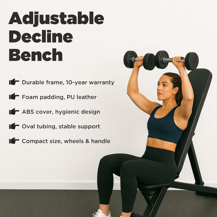 Premium Adjustable Decline Bench, Durable Construction, Comfort, Hygiene, Stability, and Mobility for Effective Workouts